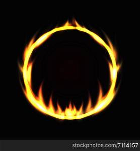 Fire circle. Ring of fire flame. Round fiery frame on black background. Vector illustration