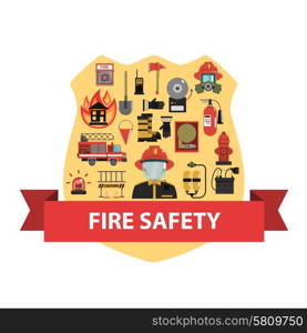 Fire concept with firefighter badge and safety icons flat vector illustration. Fire Concept Flat