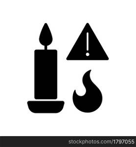 Fire danger from candles black glyph manual label icon. Prevent flame from reaching flammable surfaces. Silhouette symbol on white space. Vector isolated illustration for product use instructions. Fire danger from candles black glyph manual label icon