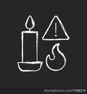 Fire danger from candles chalk white manual label icon on dark background. Prevent flame from reaching flammable surfaces. Isolated vector chalkboard illustration for product use instructions on black. Fire danger from candles chalk white manual label icon on dark background
