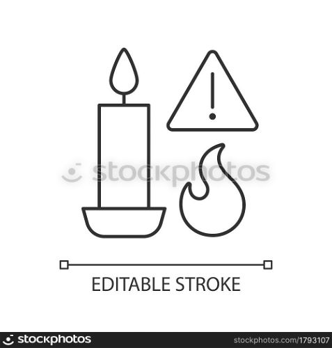 Fire danger from candles linear manual label icon. Fire hazard. Thin line customizable illustration. Contour symbol. Vector isolated outline drawing for product use instructions. Editable stroke. Fire danger from candles linear manual label icon