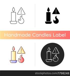Fire danger from candles manual label icon. Burning combustible materials. Fire hazard in home. Linear black and RGB color styles. Isolated vector illustrations for product use instructions. Fire danger from candles manual label icon