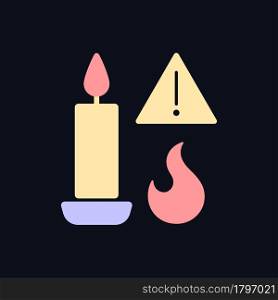 Fire danger from candles RGB color manual label icon for dark theme. Isolated vector illustration on night mode background. Simple filled line drawing on black for product use instructions. Fire danger from candles RGB color manual label icon for dark theme
