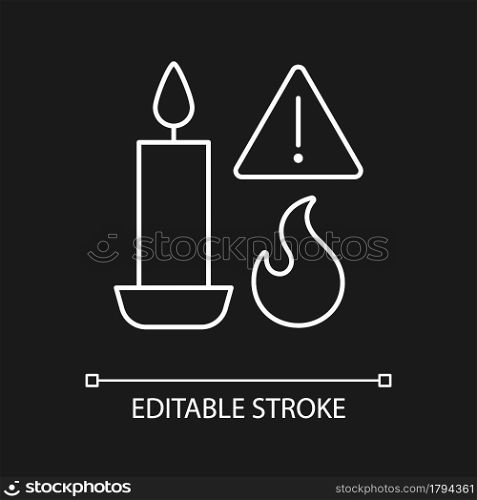 Fire danger from candles white linear manual label icon for dark theme. Thin line customizable illustration for product use instructions. Isolated vector contour symbol for night mode. Editable stroke. Fire danger from candles white linear manual label icon for dark theme