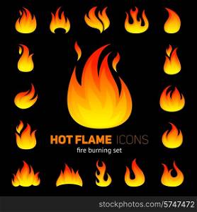 Fire decorative icons set with campfire flame on black background vector illustration