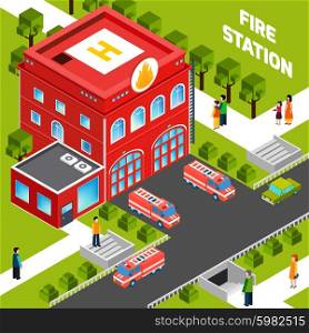 Fire Department Building Isometric Concept. Design concept of fire department building with fire trucks and people on sidewalks isometric vector illustration