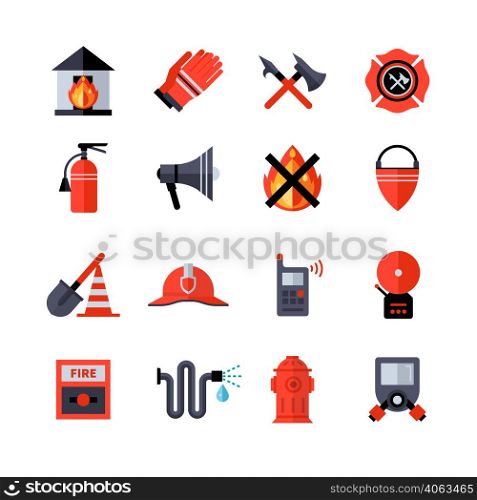 Fire department decorative flat icons collection of fireman equipment and tools with hatchet bucketful spade helm extinguisher isolated vector illustration . Fire Department Decorative Icons