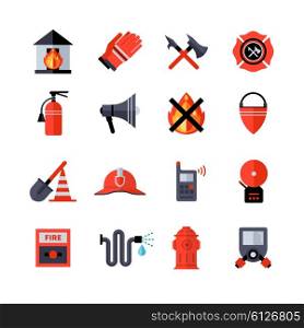 Fire Department Decorative Icons. Fire department decorative flat icons collection of fireman equipment and tools with hatchet bucketful spade helm extinguisher isolated vector illustration