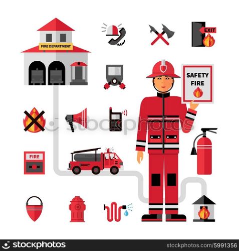 Fire Department Flat Icons Set . Fire department flat icons composition banner with facilities equipment and fireman holding safety tips abstract vector illustration