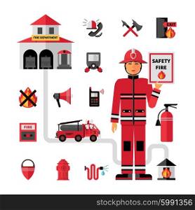 Fire Department Flat Icons Set . Fire department flat icons composition banner with facilities equipment and fireman holding safety tips abstract vector illustration