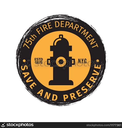 Fire department grunge vector label design. Firefighter logo on white background. Fire department grunge label