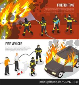 Fire Department Horizontal Banners. Horizontal banners with fire department fighting with flame in city and near burning car isolated vector illustration