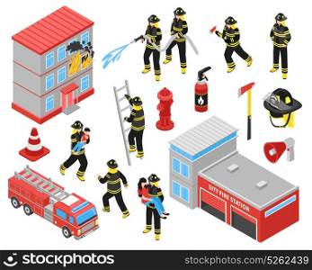 Fire Department Isometric Icons Set . Fire department isometric icons set with firefighters engaged in extinguishing of burning building and saving people vector illustration