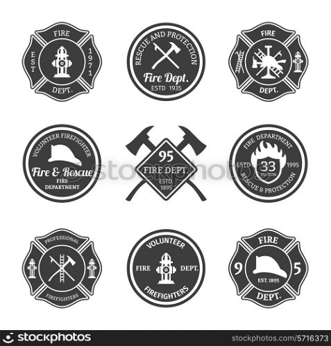 Fire department professional firefighter equipment black emblems set isolated vector illustration