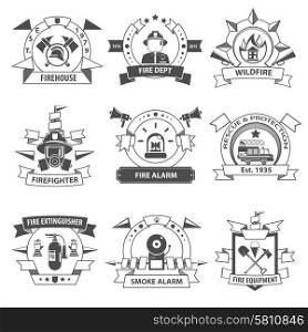Fire department rescue and protection service black label set isolated vector illustration. Fire Label Set