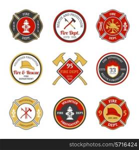 Fire department rescue and protection volunteers and professional firefighter emblems set isolated vector illustration