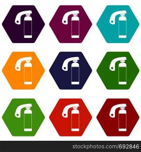 Fire extinguisher icon set many color hexahedron isolated on white vector illustration. Fire extinguisher icon set color hexahedron