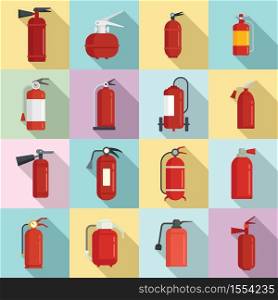 Fire extinguisher icons set. Flat set of fire extinguisher vector icons for web design. Fire extinguisher icons set, flat style