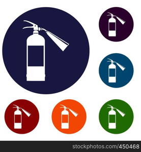 Fire extinguisher icons set in flat circle reb, blue and green color for web. Fire extinguisher icons set