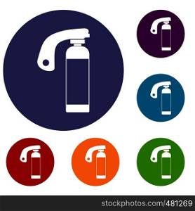 Fire extinguisher icons set in flat circle red, blue and green color for web. Fire extinguisher icons set
