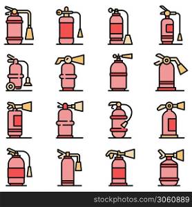 Fire extinguisher icons set. Outline set of fire extinguisher vector icons thin line color flat on white. Fire extinguisher icons set vector flat