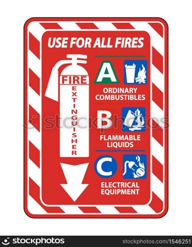 Fire Extinguisher Use on All Fires Sign Isolate On White Background,Vector Illustration