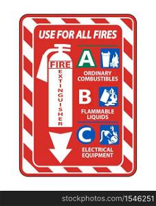 Fire Extinguisher Use on All Fires Sign Isolate On White Background,Vector Illustration