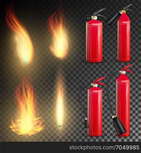 Fire Extinguisher Vector. Sign 3D Realistic Fire Flame And Red Fire Extinguisher. Transparent Background Illustration. Red Fire Extinguisher Vector. Fire Flame Sign. Isolated On Transparent Background Illustration