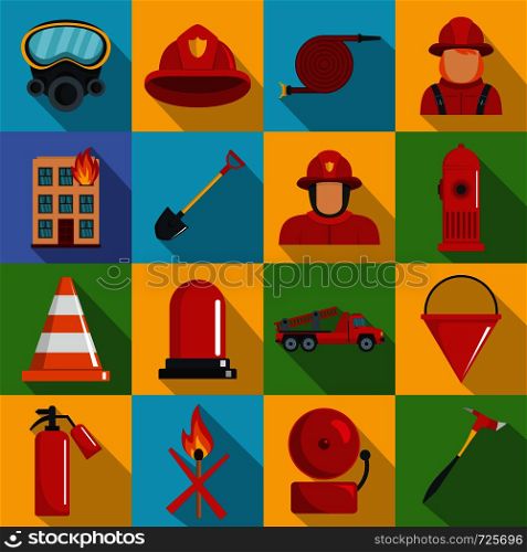 Fire fighter icons set. Flat illustration of 16 fire fighter vector icons for web. Fire fighter icons set, flat style