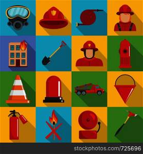 Fire fighter icons set. Flat illustration of 16 fire fighter vector icons for web. Fire fighter icons set, flat style