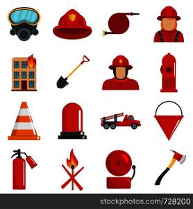 Fire fighter icons set. Flat illustration of 16 fire fighter vector icons isolated on white. Fire fighter icons set vector isolated