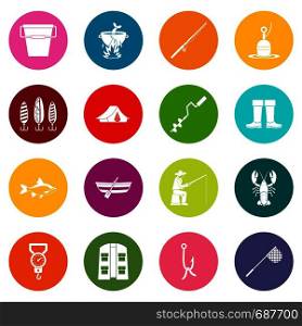 Fire fighting icons many colors set isolated on white for digital marketing. Fishing tools icons many colors set