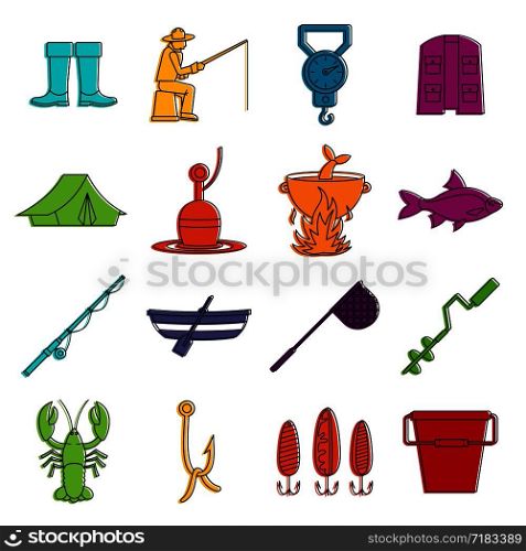 Fire fighting icons set. Doodle illustration of vector icons isolated on white background for any web design. Fishing tools icons doodle set