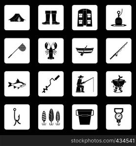 Fire fighting icons set in white squares on black background simple style vector illustration. Fishing tools icons set squares vector