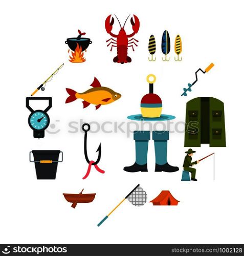 Fire fighting set icons in flat style isolated on white background. Fishing tools set flat icons