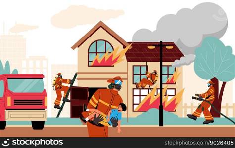 Fire fighting team extinguish burning building and rescue people. Illustration of rescue character, team fighting against disaster with extinguisher vector. Fire fighting team extinguish burning building and rescue people