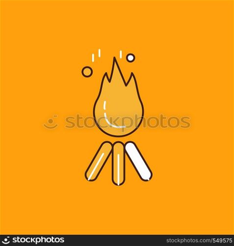 fire, flame, bonfire, camping, camp Flat Line Filled Icon. Beautiful Logo button over yellow background for UI and UX, website or mobile application. Vector EPS10 Abstract Template background