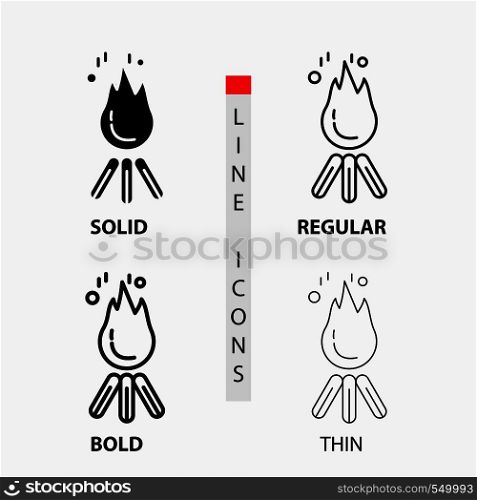 fire, flame, bonfire, camping, camp Icon in Thin, Regular, Bold Line and Glyph Style. Vector illustration. Vector EPS10 Abstract Template background