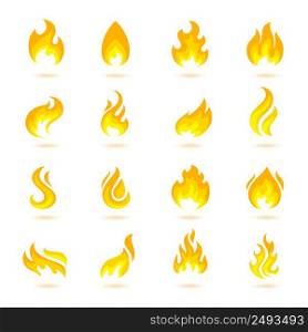 Fire flame burn flare torch hell fiery icons set isolated vector illustration