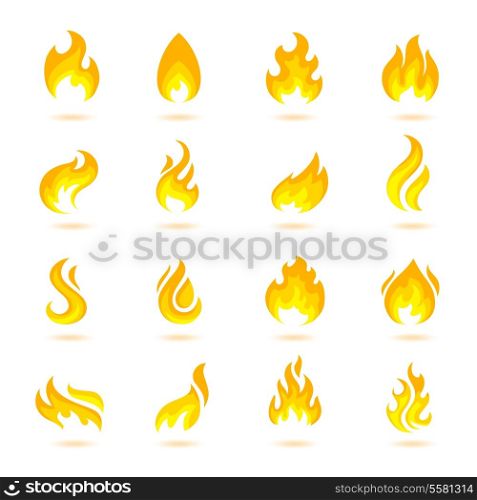 Fire flame burn flare torch hell fiery icons set isolated vector illustration