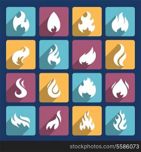 Fire flame burn flare torch hell fiery square long shadow icons set isolated vector illustration