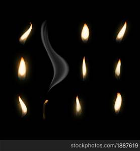 Fire flame candle. Realistic candlelight, burning warm fire light and smoke close-up for animation picture, aromatherapy spa or christmas dinner decoration. Vector 3d isolated on black background set. Fire flame candle. Realistic candlelight, burning warm fire light and smoke close-up for animation picture, aromatherapy spa or christmas dinner decoration. Vector 3d isolated set