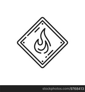 Fire flame emblem isolated metal label thin line icon. Vector caution alarm hazard warning safety emblem, urgency alert, flammable precautionary and emergency evacuation symbols, fire flame in square. Metal fire flame precaution safety emergency label