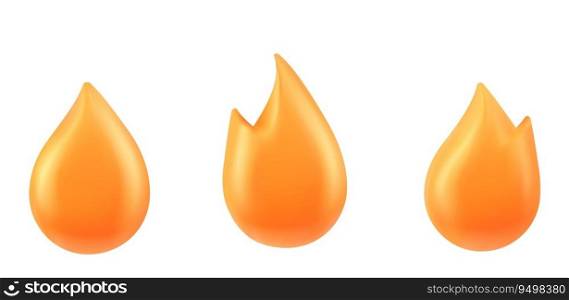 Fire flame emoji icon 3d vector illustration set. Various orange sprite of blaze for flammable or hot products, energy concept. Cartoon symbol of flare or fireball showing explosion caution or danger.. Fire flame emoji icon 3d vector illustration set.
