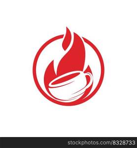 Fire flame hot roasted coffee logo design. Hot coffee shop logo with mug cup and fire flame icon design. 