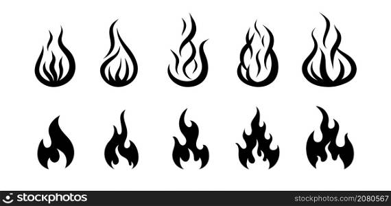 Fire flame icons. Flame of fire silhouettes. Symbol of hot, flammable, burn, heat. Silhouette of campfire for warning sign, combustion, hell and energy. Black logos. Vector.