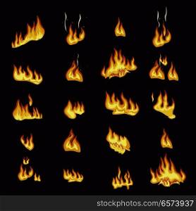Fire flame signs collection on dark background. Hot explosive yellow-orange elements for c&firewood. Vector poster in flat design of burning wavy flame with sparks signs isolated on black.. Fire Flame Signs Collection on Dark Background