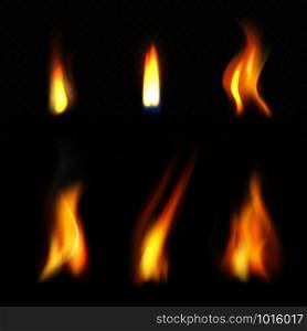 Fire flame template. Realistic fuego effects candlelight with orange smoke vector realistic isolation. Fire hot, bonfire realistic, fiery and flame illustration. Fire flame template. Realistic fuego effects candlelight with orange smoke vector realistic isolation
