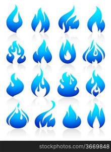 Fire flames blue, set icons