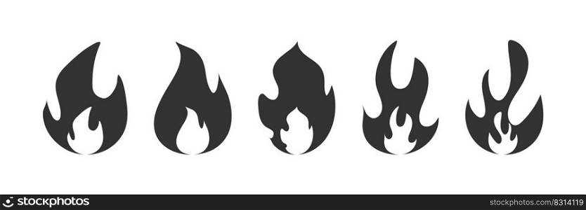 Fire flames icon set. Burn illustration symbol. Sign bonfire vector flat.